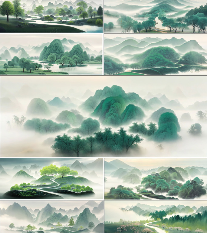 水墨山水画 绿树成荫 泼墨工笔画舞台背景