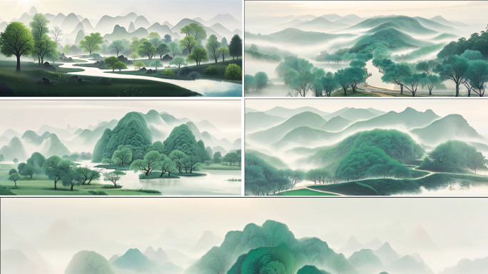水墨山水画 绿树成荫 泼墨工笔画舞台背景