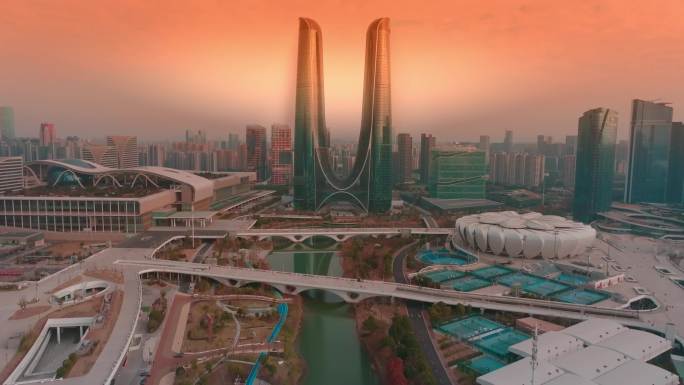 杭州市钱江新城奥体中心夕阳航拍城市宣传片