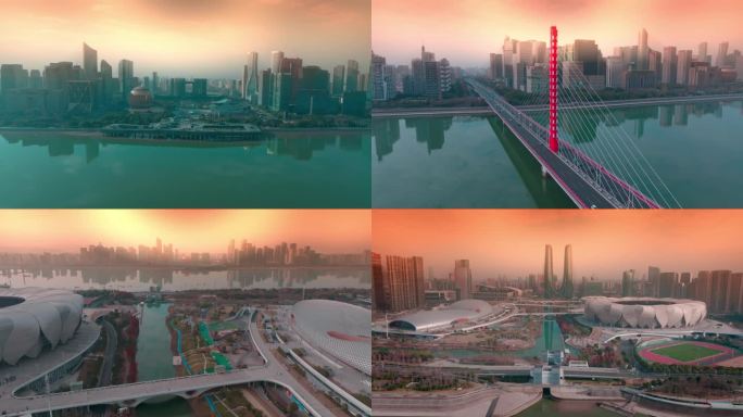 杭州市钱江新城奥体中心夕阳航拍城市宣传片