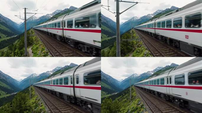 在壮丽的山川之间，一列高铁高速行驶