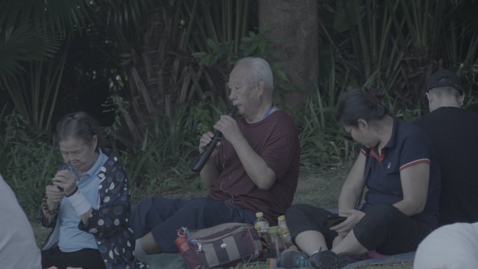 一群老年人坐在草坪上