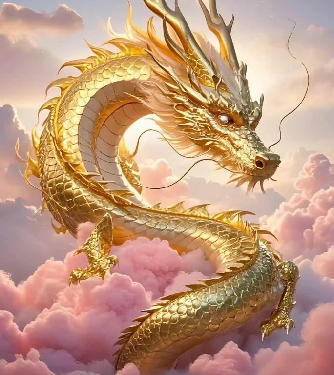 龙抬头 粉色云朵中，金龙缓缓抬起头