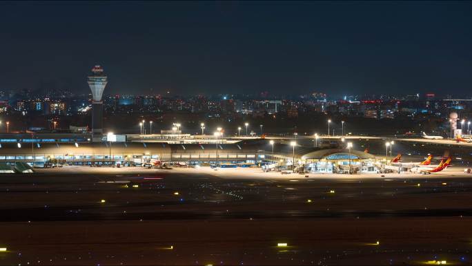 北京首都机场航站楼登机飞机夜景延时 组镜