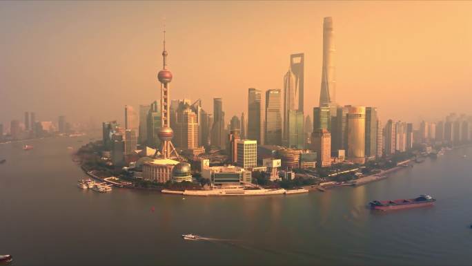 上海市外滩陆家嘴夕阳风景南京东路航拍