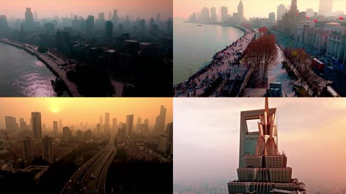 上海市外滩陆家嘴夕阳风景南京东路航拍
