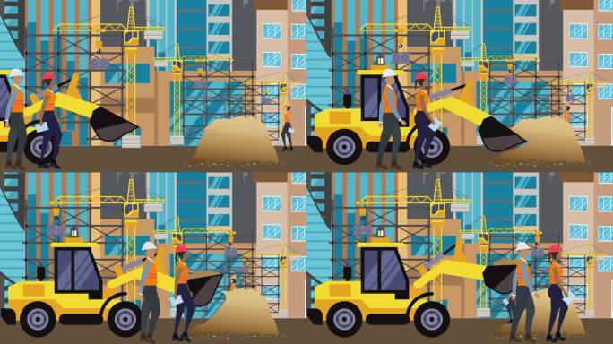 施工现场，城边工作，工程师和建筑机械的动画。