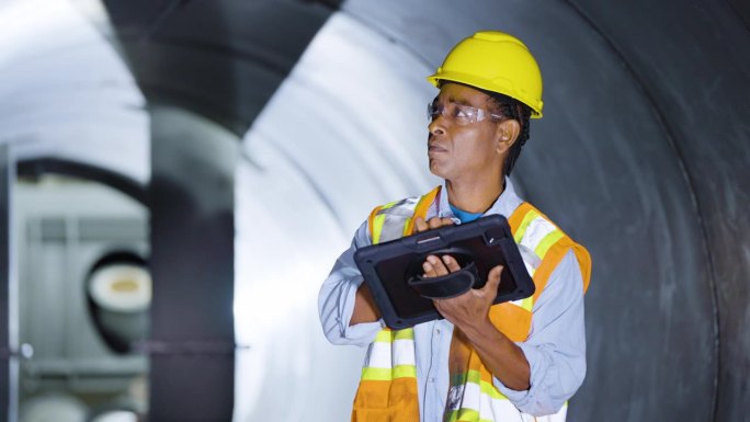 金属加工厂的黑人工人使用数字平板电脑。