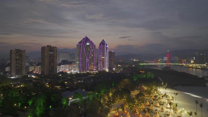 西双版纳星光夜市夜景航拍素材