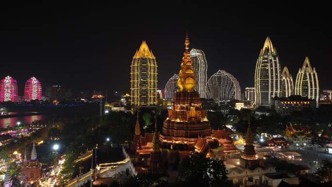 西双版纳星光夜市夜景航拍
