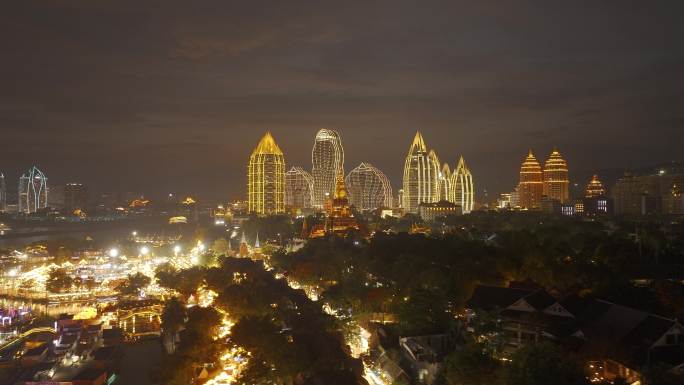 西双版纳星光夜市夜景航拍素材