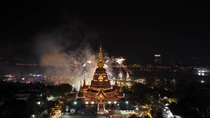 西双版纳星光夜市夜景航拍烟花