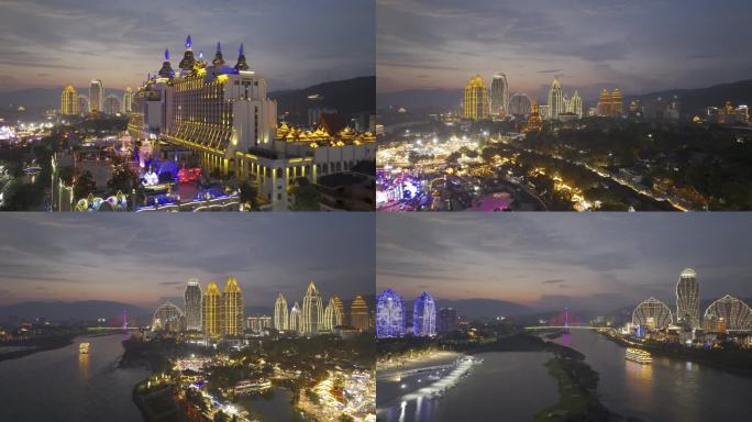 西双版纳星光夜市夜景航拍素材