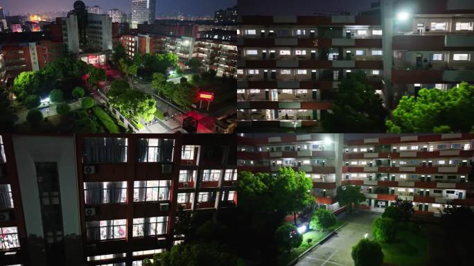 高中校园晚自习校区教学楼航拍
