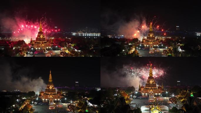 西双版纳星光夜市夜景航拍烟花
