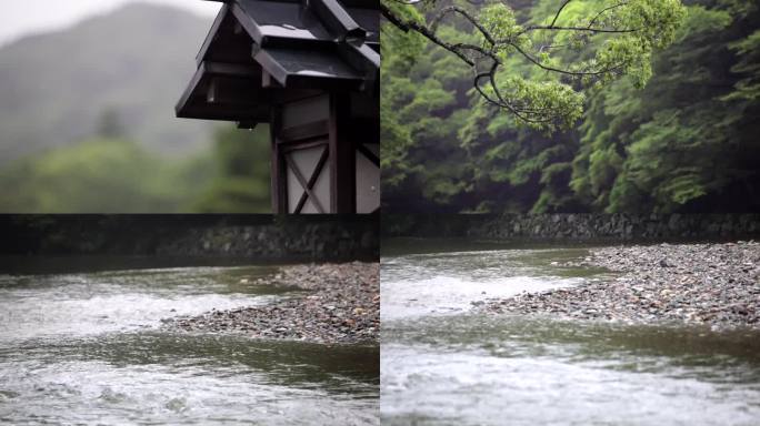 日本伊势市雨中神宫路灯及树，玩水的孩子z