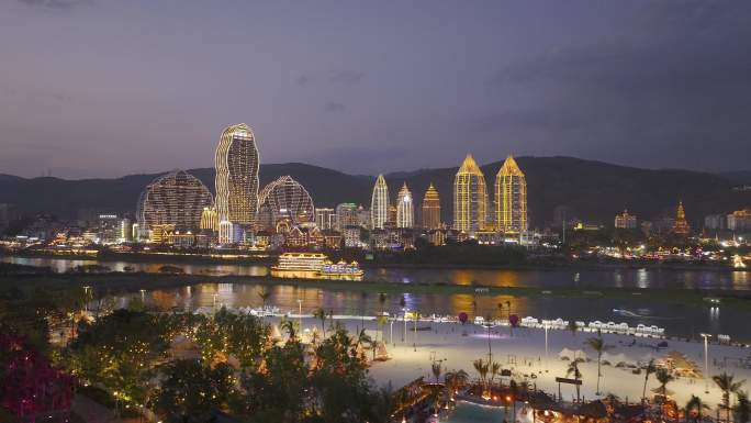 西双版纳星光夜市夜景航拍素材