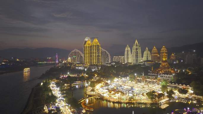 西双版纳星光夜市夜景航拍素材