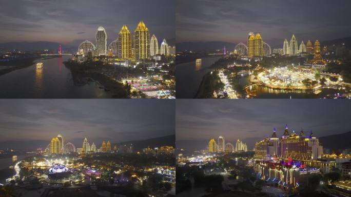 西双版纳星光夜市夜景航拍素材