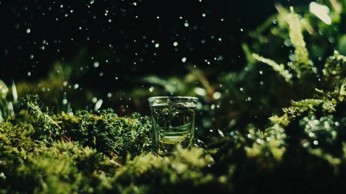 雨中露水白酒杯放置在绿色森林苔藓