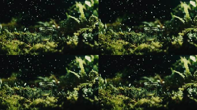 雨中露水白酒杯放置在绿色森林苔藓