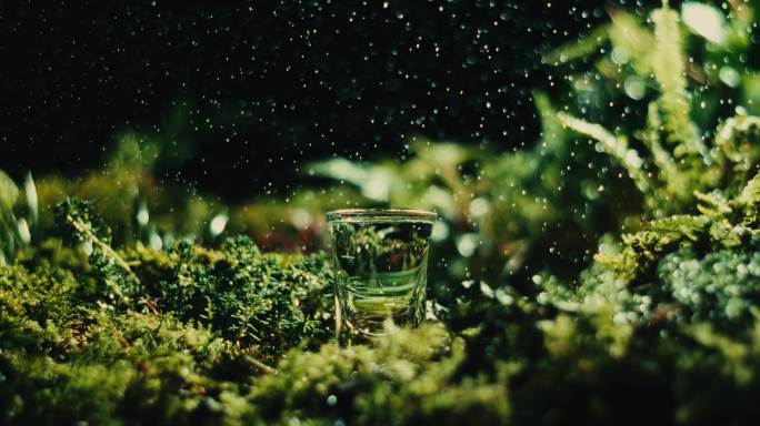 雨中露水白酒杯放置在绿色森林苔藓