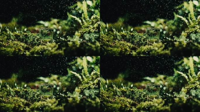 雨中露水白酒杯放置在绿色森林苔藓