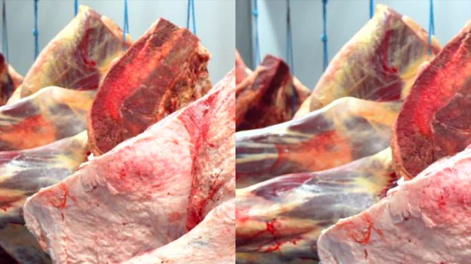 工厂冷藏室中的红肉