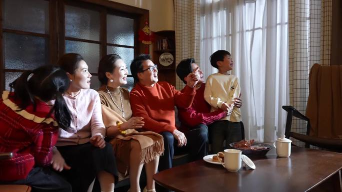 一家人老人小孩子女父母幸福团聚家庭客厅