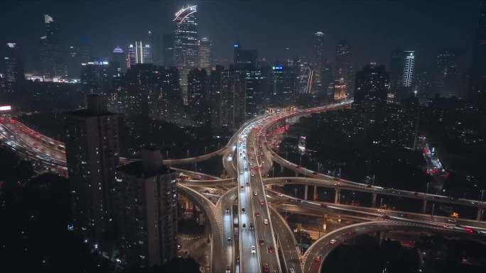 上海市延安东路车流夜景航拍延时城市交通
