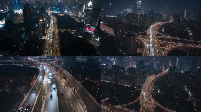 上海市延安东路车流夜景航拍延时城市交通