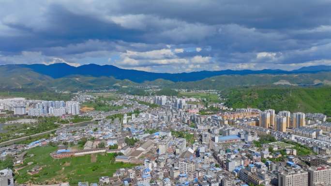 云南省楚雄州大姚县城市街道建筑全貌航拍