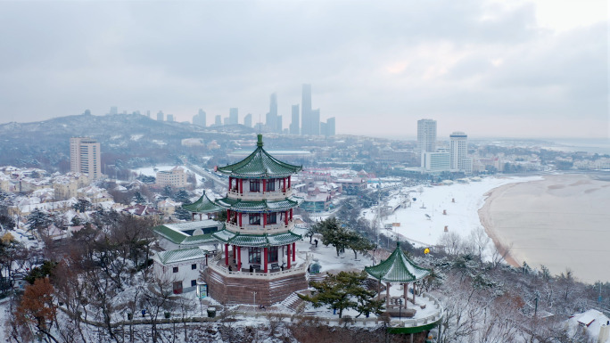 4K 青岛小鱼山雪后航拍