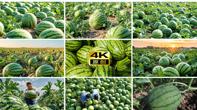 西瓜丰收，西瓜田，西瓜特写镜头，西瓜素材