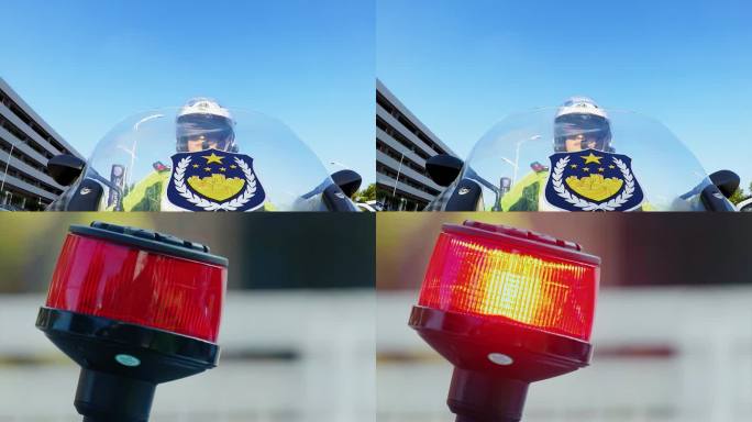 交警执勤警灯闪烁