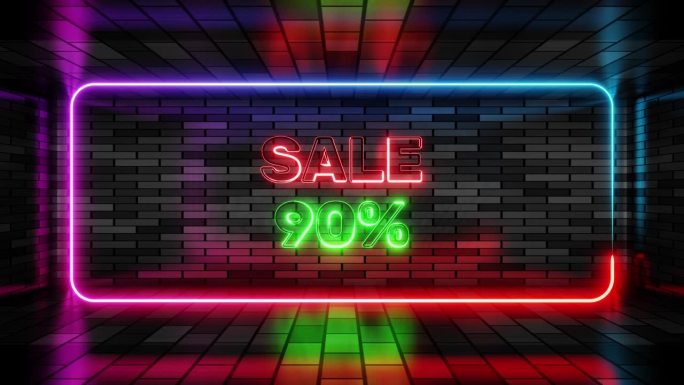 霓虹灯标志：90%折扣在砖墙背景的对话框框架中，3D渲染。墙面背景上的灯光横幅。90%折扣循环促销和