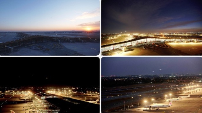 俯拍北京首都机场T3停机坪跑道夜景延时