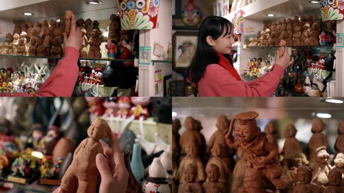 女孩欣赏购买非遗文创产品泥人张