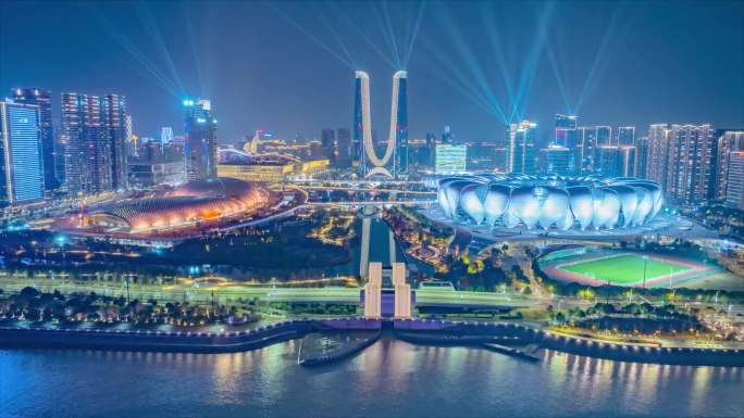 杭州钱江新城奥体中心夜景航拍延时