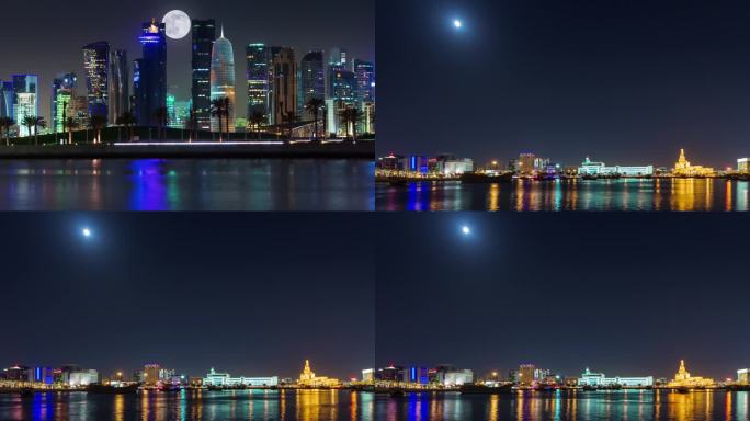 多哈，卡塔尔 - 2025年1月20日：迷人的夜景，绚丽的城市灯光和满月在水面上的倒影。