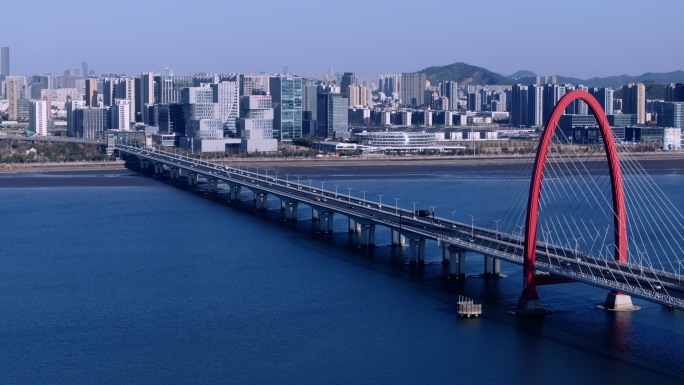 杭州之江大桥车流航拍-4K悬索桥结构