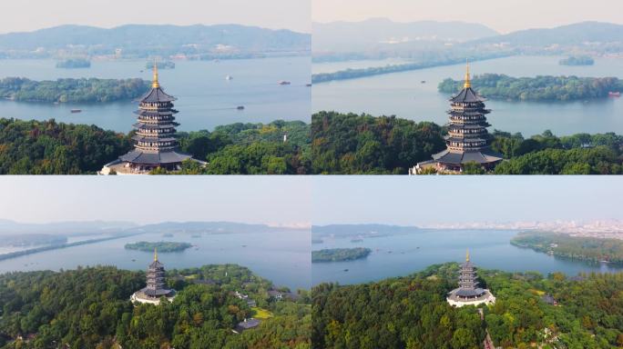 航拍杭州西湖雷峰塔三潭映月