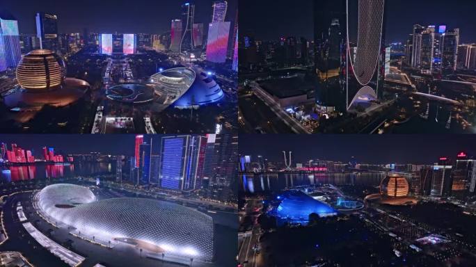 杭州钱江新城奥体中心夜景航拍延时摄影