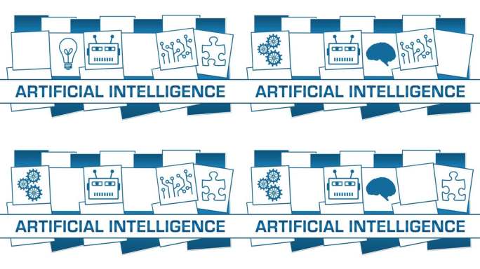 人工智能技术符号 蓝色方块 闪烁文字