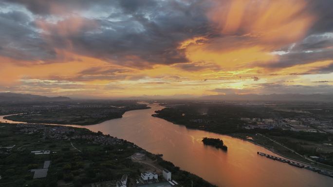 5.1K震撼航拍衢江日落夕阳晚霞一镜到底