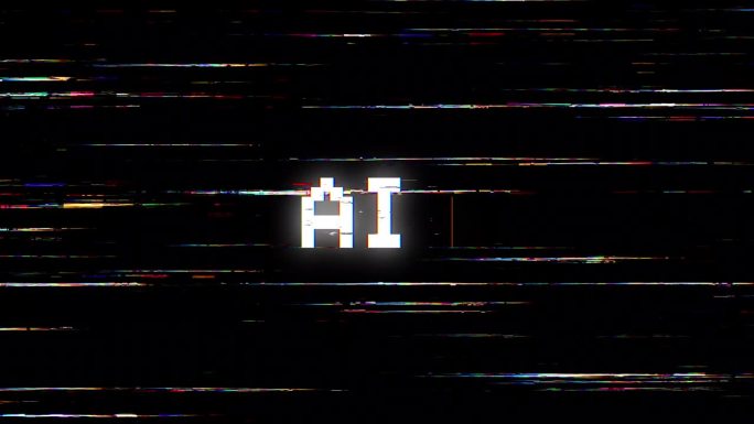 人工智能短语 4K 动态视频，AI 未来概念，故障电视信号的磨砂纹理背景。