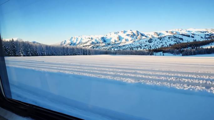 冬天高铁火车行驶中车窗外的风景雪景