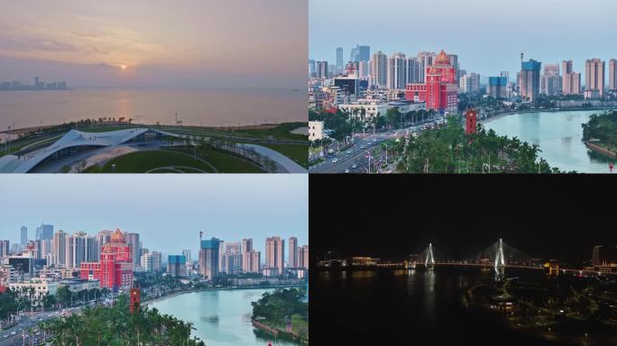 海口海甸岛和平大道 海口钟楼 航拍视频