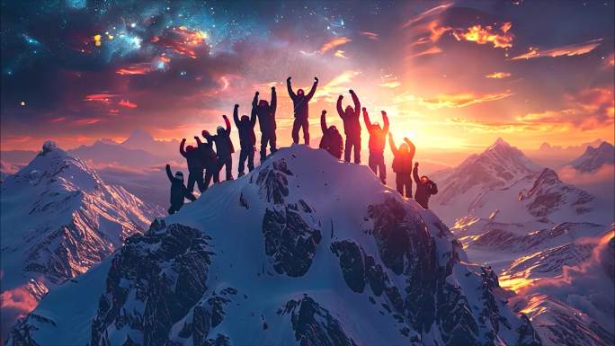 团队徒步励志攀登雪山奋斗登顶登山勇攀高峰