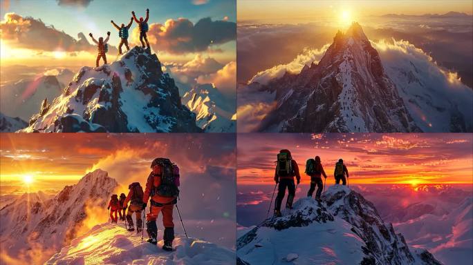 团队徒步励志攀登雪山奋斗登顶登山勇攀高峰